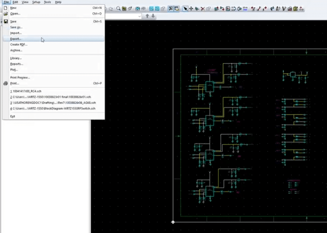 Siemens PADS Logic — File Export menu